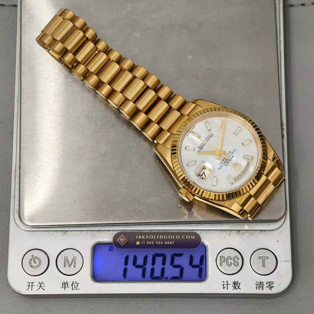Rolex Day-Date 36 Iridescent Natural Mother-of-Pearl Dial 18K Yellow Gold Reference 128238 — Hallmarked Edition — Studio Gallery Plate IX in 18K Yellow Gold Au750 (183.4g Verified Mass, Rolex Manufacture Cal. 3255 - 70h Power Reserve)