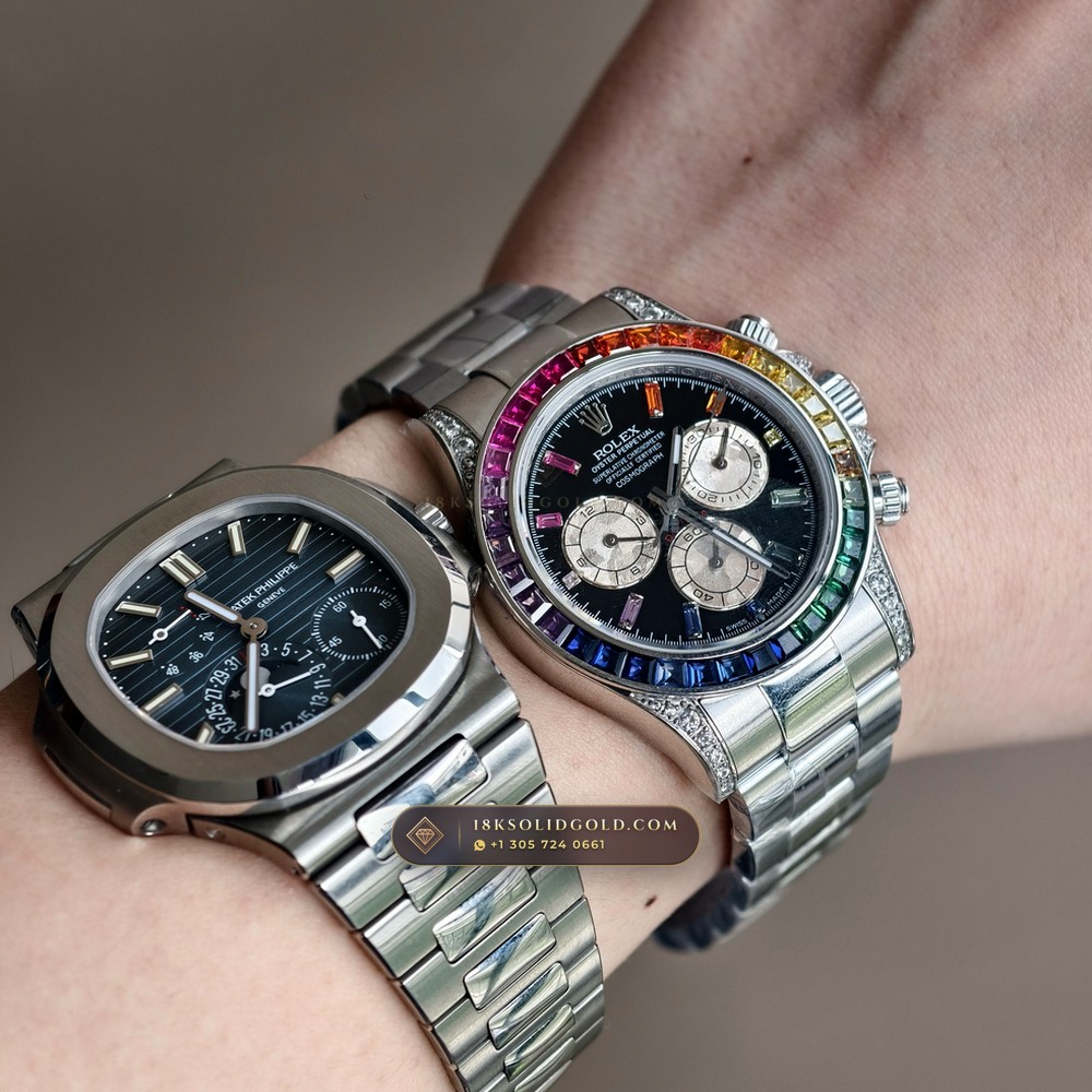 Rolex Cosmograph Daytona Rainbow Sapphire Bezel Diamond-Set Bezel 18K White Gold Reference 126599RBOW — Hallmarked Edition — Studio Gallery Plate X in 18K White Gold Au750 (216.3g Verified Mass, Rolex Manufacture Cal. 4131 - 72h Power Reserve)