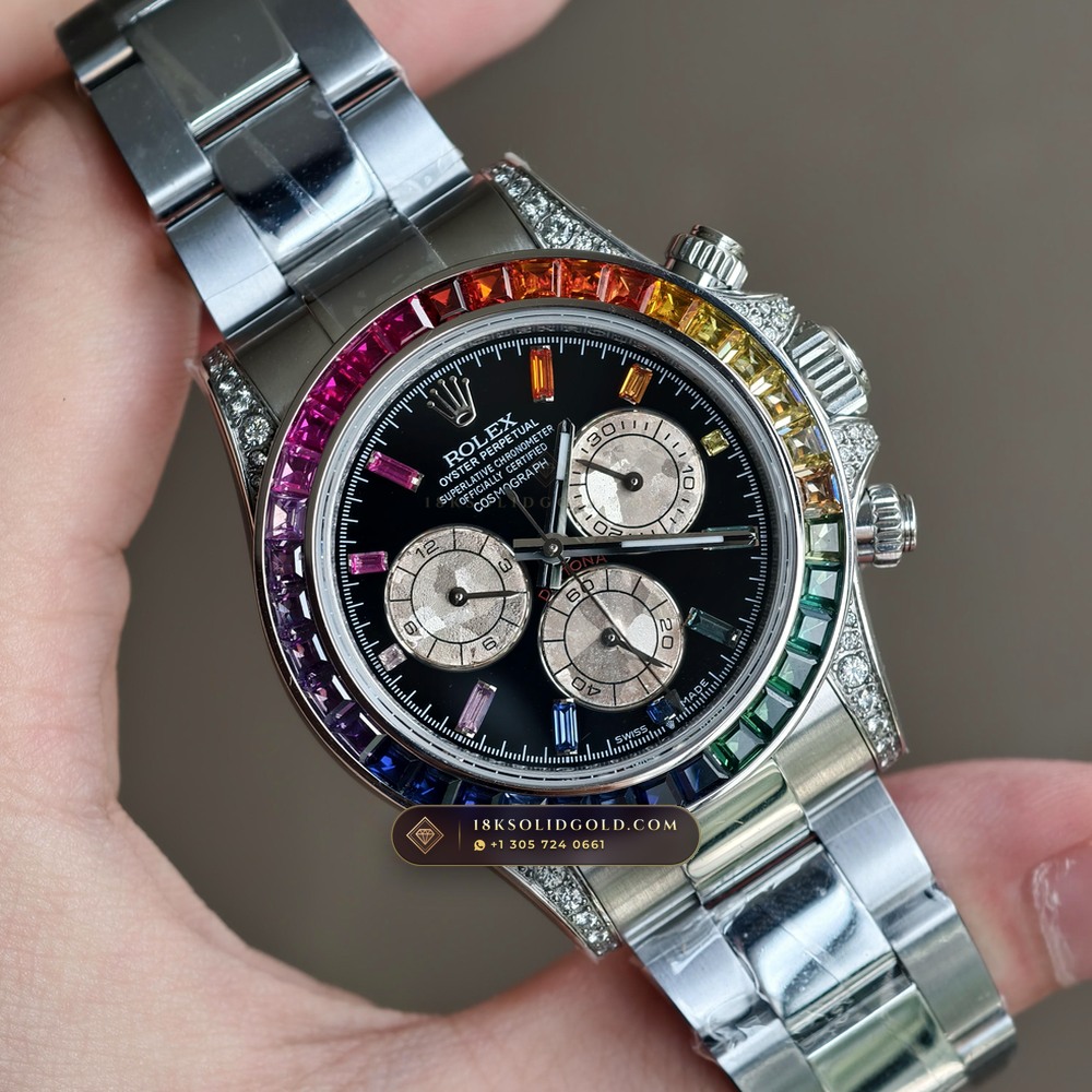 Rolex Cosmograph Daytona Rainbow Sapphire Bezel Diamond-Set Bezel 18K White Gold Reference 126599RBOW — Hallmarked Edition angle 2