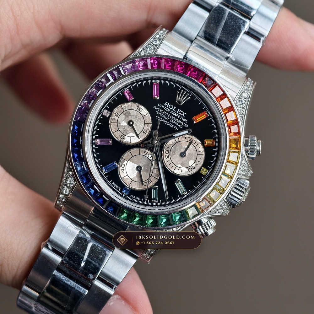 Rolex Cosmograph Daytona Rainbow Sapphire Bezel Diamond-Set Bezel 18K White Gold Reference 126599RBOW — Hallmarked Edition angle 3