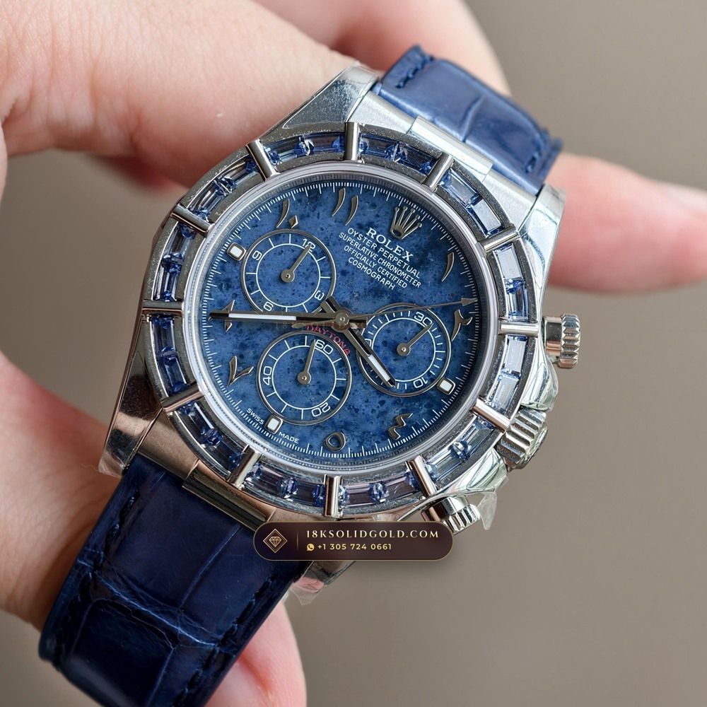 Rolex Cosmograph Daytona Blue Sodalite Stone Dial Diamond-Set Bezel 18K White Gold Reference 116589SACI — Hallmarked Edition angle 2