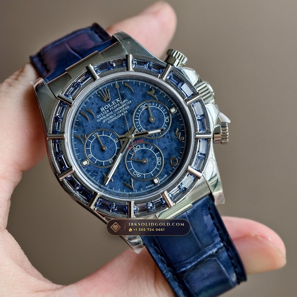 Rolex Cosmograph Daytona Blue Sodalite Stone Dial Diamond-Set Bezel 18K White Gold Reference 116589SACI — Hallmarked Edition angle 3