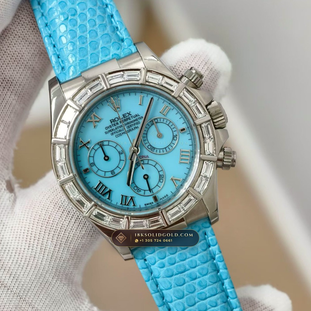 Rolex Cosmograph Daytona Natural Turquoise Dial 18K White Gold Reference 116589BR — Hallmarked Edition angle 2