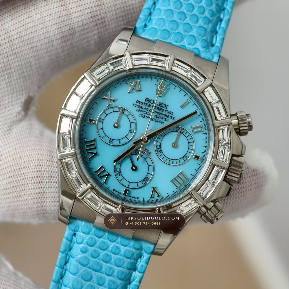 Rolex Cosmograph Daytona Natural Turquoise Dial 18K White Gold Reference 116589BR — Hallmarked Edition angle 3