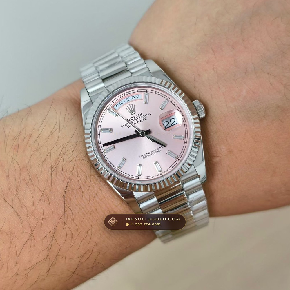 Rolex Day-Date 36 18K White Gold Reference 128239 — Hallmarked Edition — Studio Gallery Plate IX in 18K White Gold Au750 (183.4g Verified Mass, Rolex Manufacture Cal. 3255 - 70h Power Reserve)