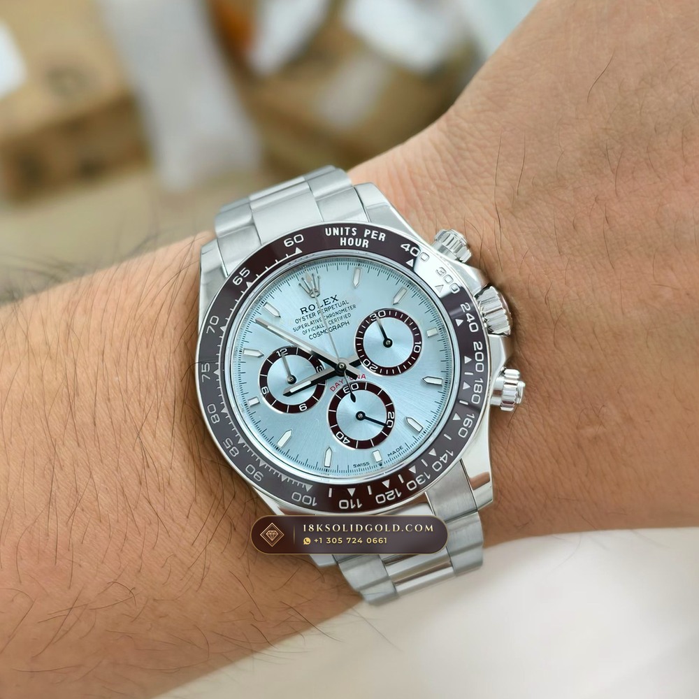 Rolex Cosmograph Daytona Platona Ice-Blue & Chestnut Cerachrom 950 Platinum Reference 126506 — Hallmarked Edition — Studio Gallery Plate IX in 950 Platinum Pt950 (282.0g Verified Mass, Rolex Manufacture Cal. 4131 - 72h Power Reserve)
