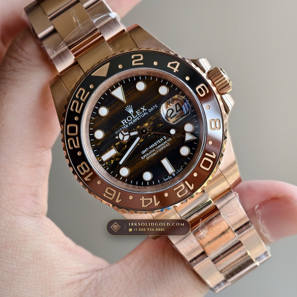 Rolex GMT-Master II Golden Chatoyant Tiger Eye Dial 18K Everose Gold Reference 126715CHNR — Hallmarked Edition angle 2