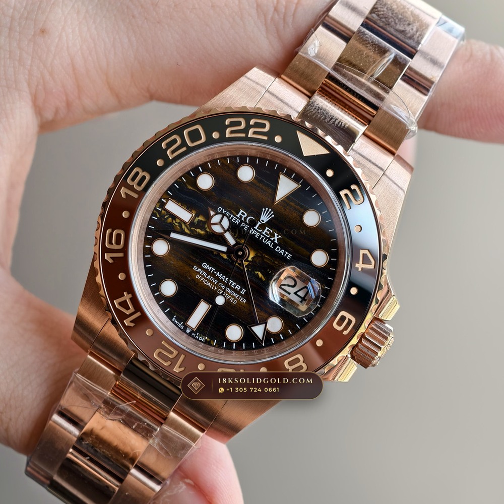 Rolex GMT-Master II Golden Chatoyant Tiger Eye Dial 18K Everose Gold Reference 126715CHNR — Hallmarked Edition angle 3