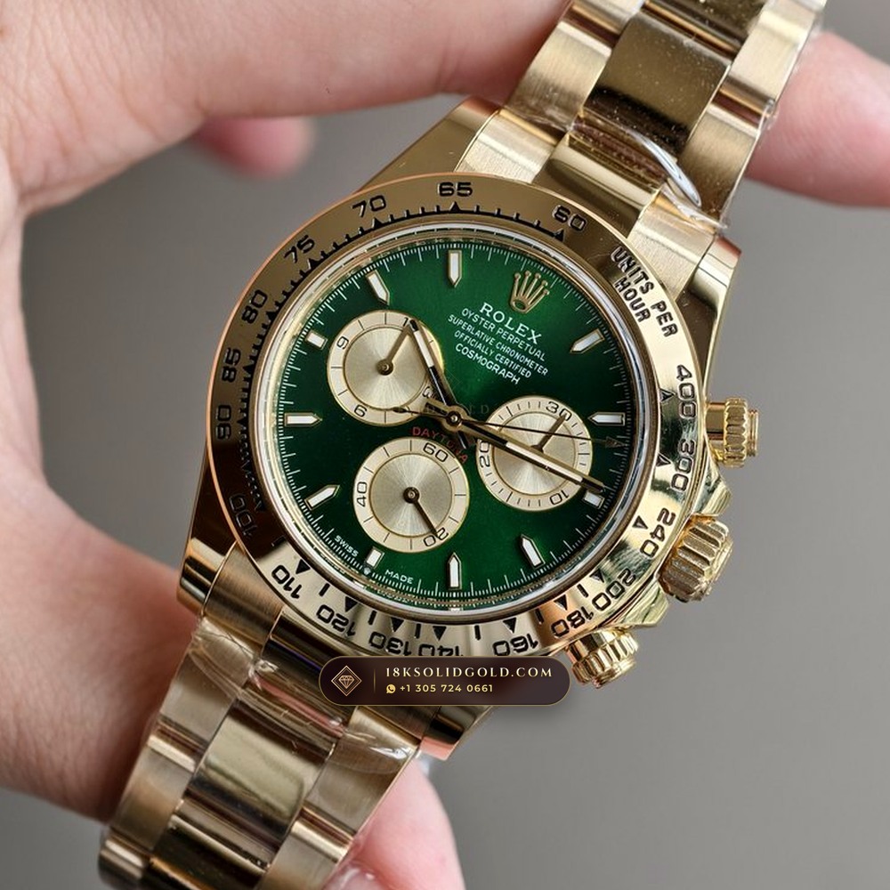 Rolex Cosmograph Daytona John Mayer II Emerald & Gold Dial 18K Yellow Gold Reference 126508 — Hallmarked Edition angle 3