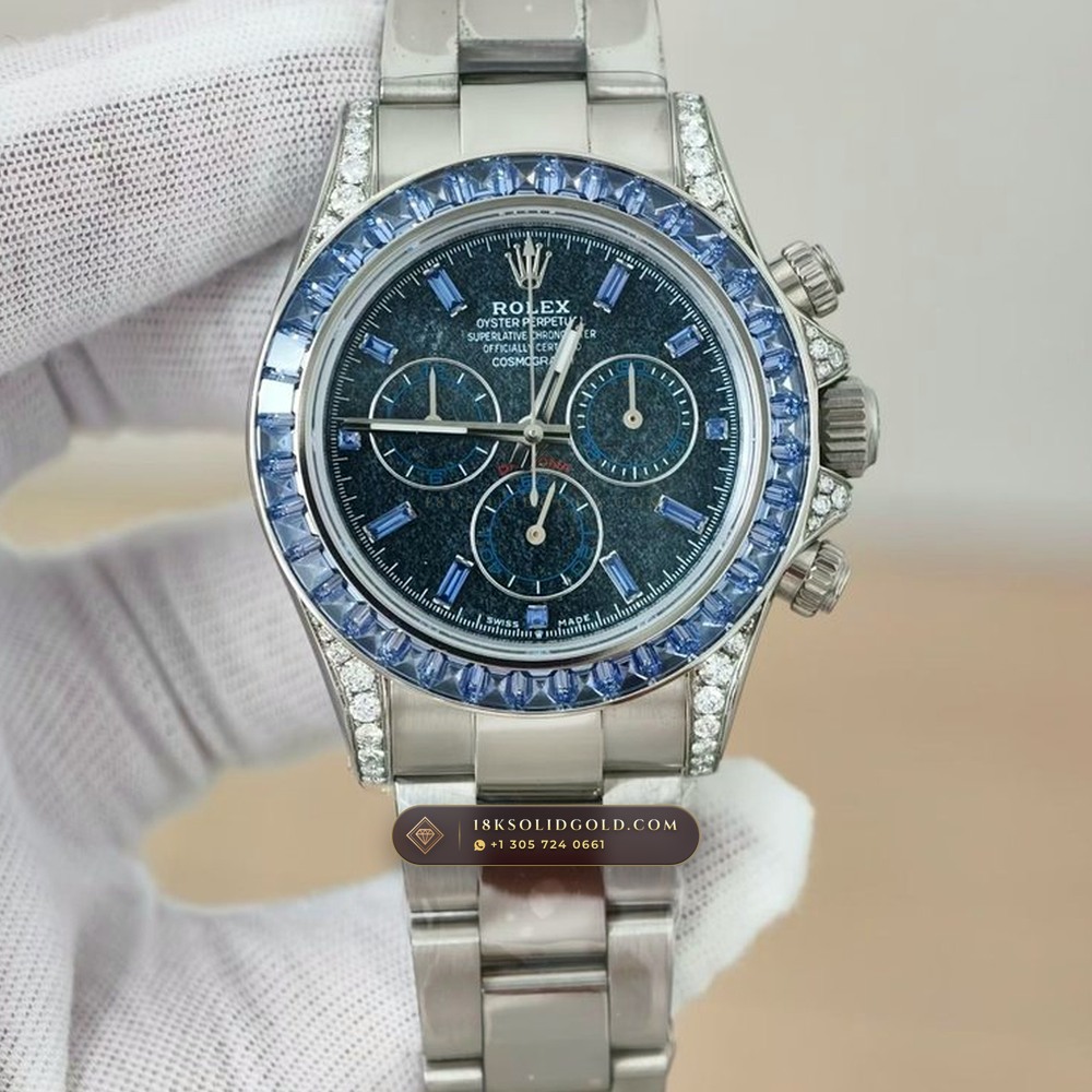 Rolex Cosmograph Daytona Off-Catalogue Blue Sapphire Bezel & Obsidian Dial 18K White Gold Reference 126599TSA — Hallmarked Edition