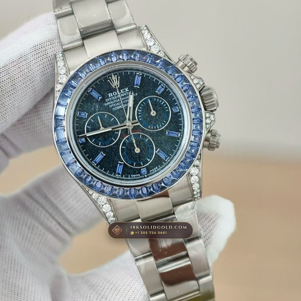 Rolex Cosmograph Daytona Off-Catalogue Blue Sapphire Bezel & Obsidian Dial 18K White Gold Reference 126599TSA — Hallmarked Edition angle 2