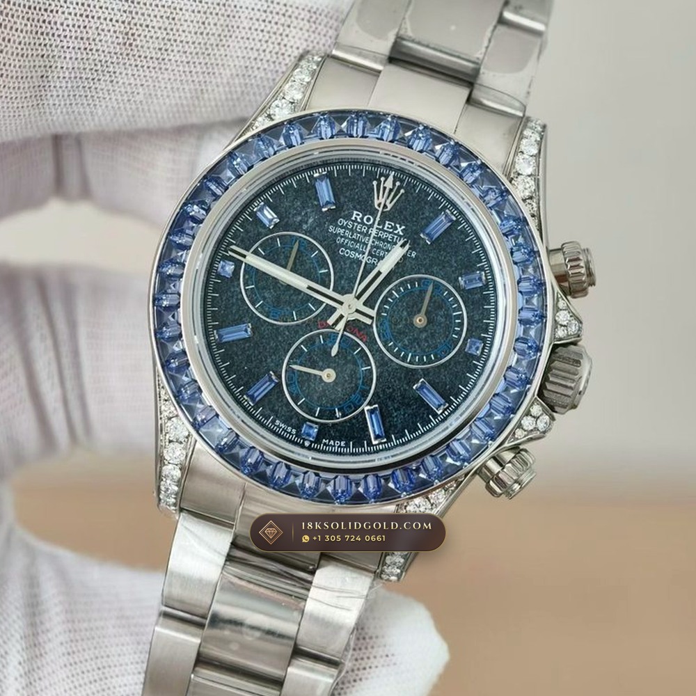 Rolex Cosmograph Daytona Off-Catalogue Blue Sapphire Bezel & Obsidian Dial 18K White Gold Reference 126599TSA — Hallmarked Edition angle 3