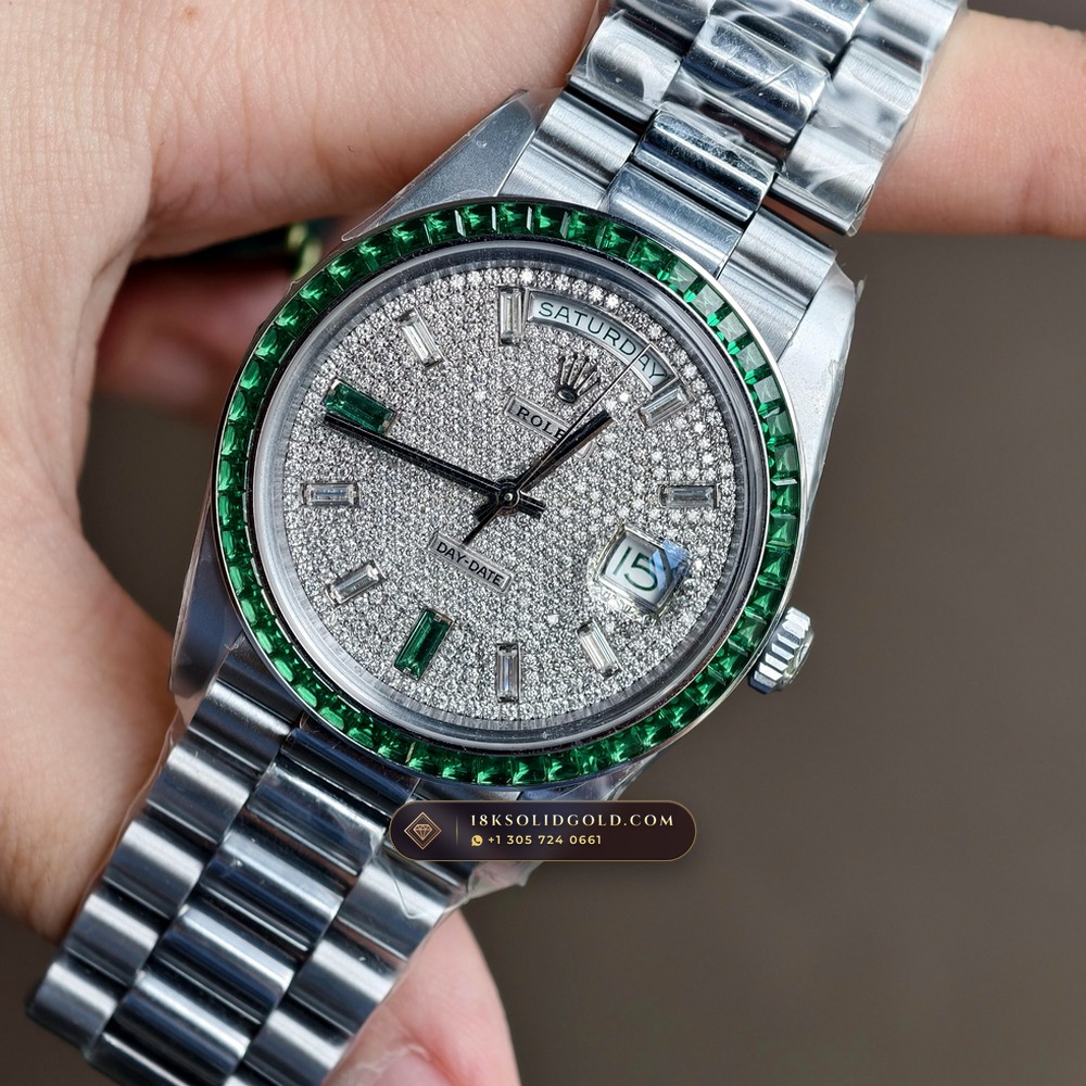 Rolex Day-Date 40 Baguette Emerald Bezel 950 Platinum Reference 228396TEM — Hallmarked Edition angle 3