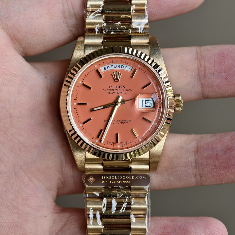 Rolex Day-Date 36 Coral Red Stella Lacquer Dial 18K Yellow Gold Reference 18238 — Hallmarked Edition