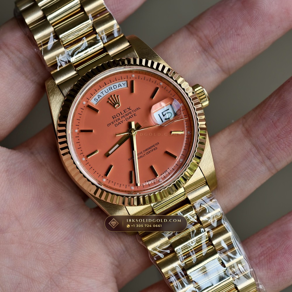 Rolex Day-Date 36 Coral Red Stella Lacquer Dial 18K Yellow Gold Reference 18238 — Hallmarked Edition angle 2