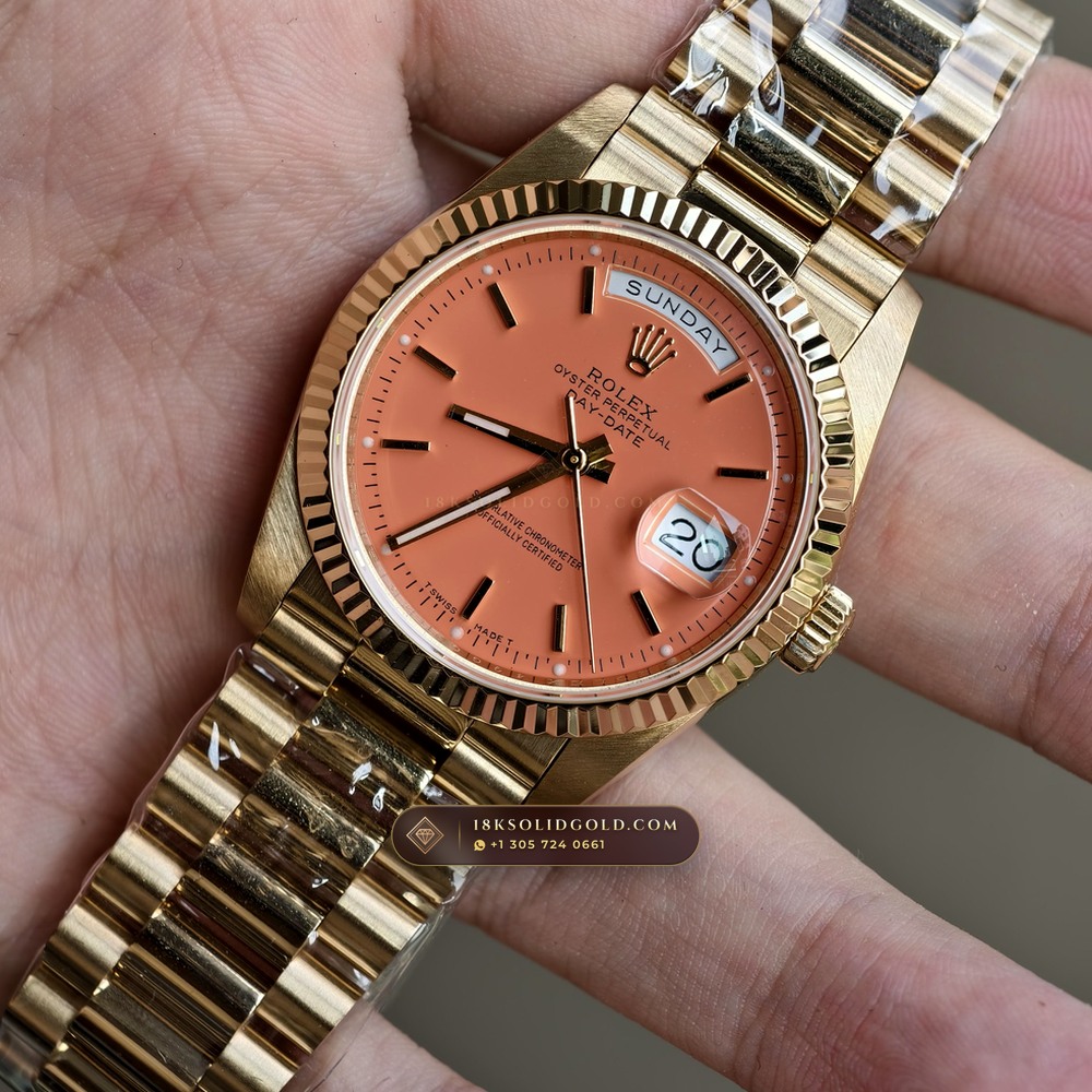 Rolex Day-Date 36 Coral Red Stella Lacquer Dial 18K Yellow Gold Reference 18238 — Hallmarked Edition angle 3