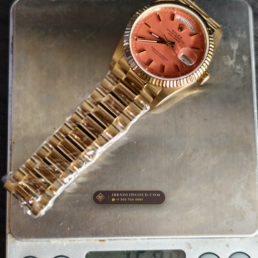 Rolex Day-Date 36 Coral Red Stella Lacquer Dial 18K Yellow Gold Reference 18238 — Hallmarked Edition — Studio Gallery Plate VIII in 18K Yellow Gold Au750 (141.5g Verified Mass, Rolex Manufacture Cal. 3155)
