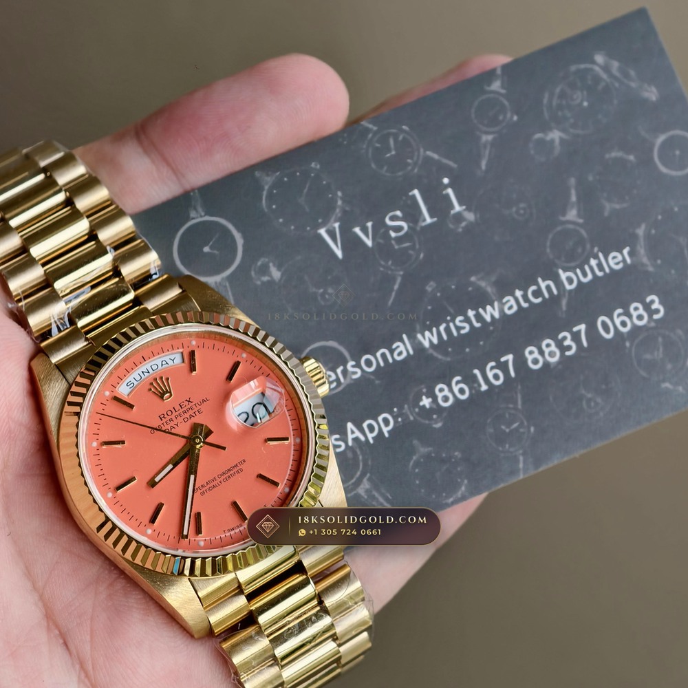 Rolex Day-Date 36 Coral Red Stella Lacquer Dial 18K Yellow Gold Reference 18238 — Hallmarked Edition — Studio Gallery Plate IX in 18K Yellow Gold Au750 (141.5g Verified Mass, Rolex Manufacture Cal. 3155)