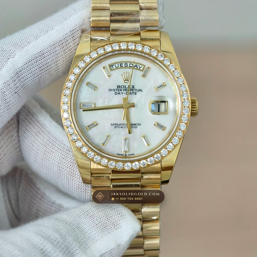 Rolex Day-Date 40 Iridescent Natural Mother-of-Pearl Dial Diamond-Set Bezel 18K Yellow Gold Reference 228348RBR — Hallmarked Edition