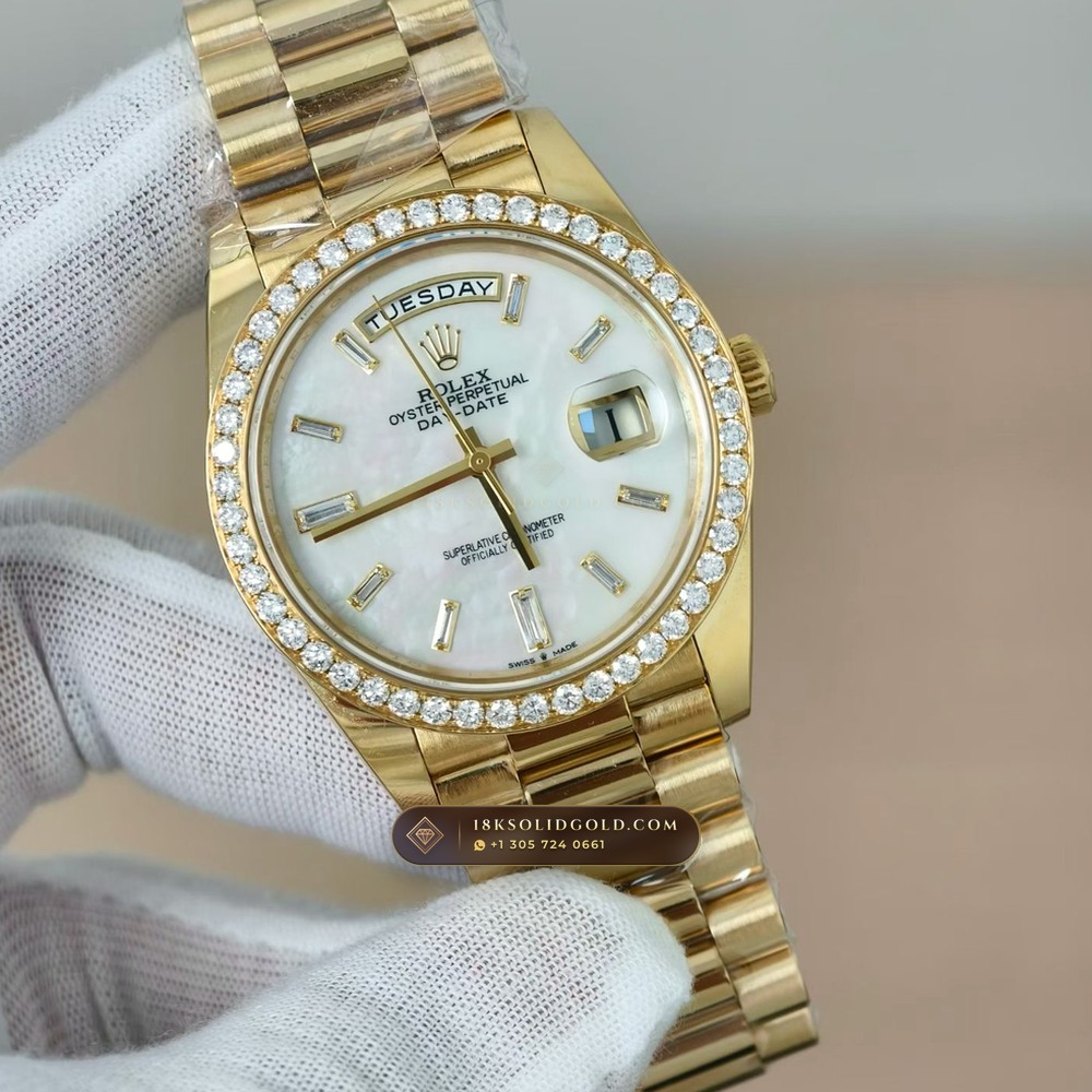 Rolex Day-Date 40 Iridescent Natural Mother-of-Pearl Dial Diamond-Set Bezel 18K Yellow Gold Reference 228348RBR — Hallmarked Edition angle 2