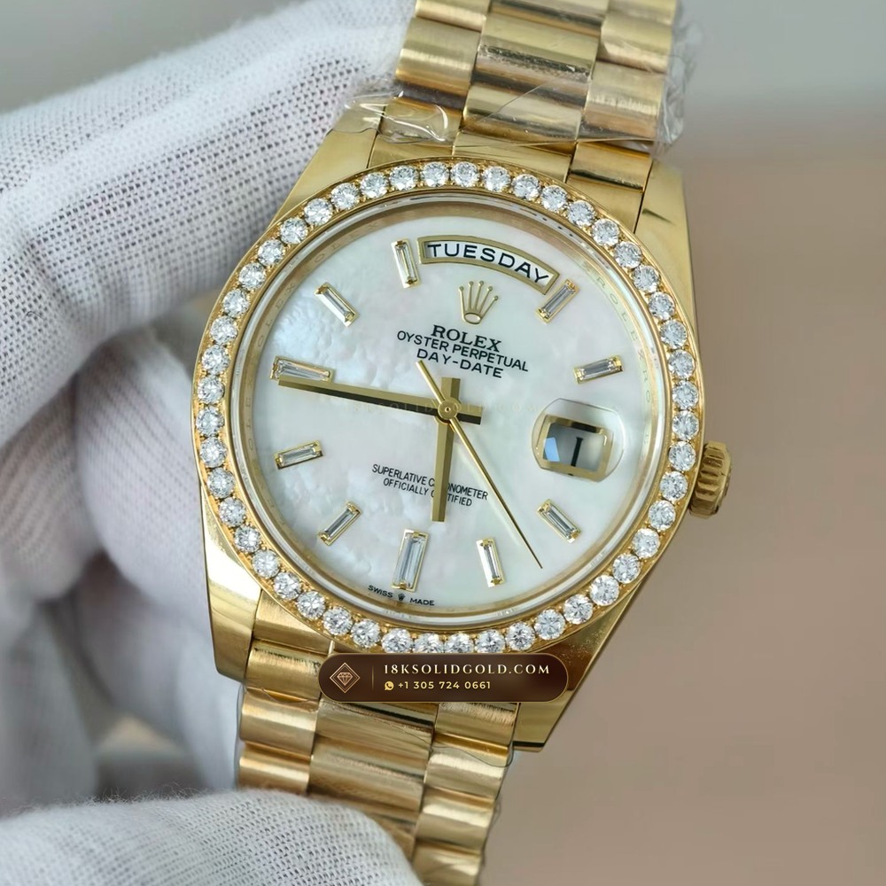Rolex Day-Date 40 Iridescent Natural Mother-of-Pearl Dial Diamond-Set Bezel 18K Yellow Gold Reference 228348RBR — Hallmarked Edition angle 3