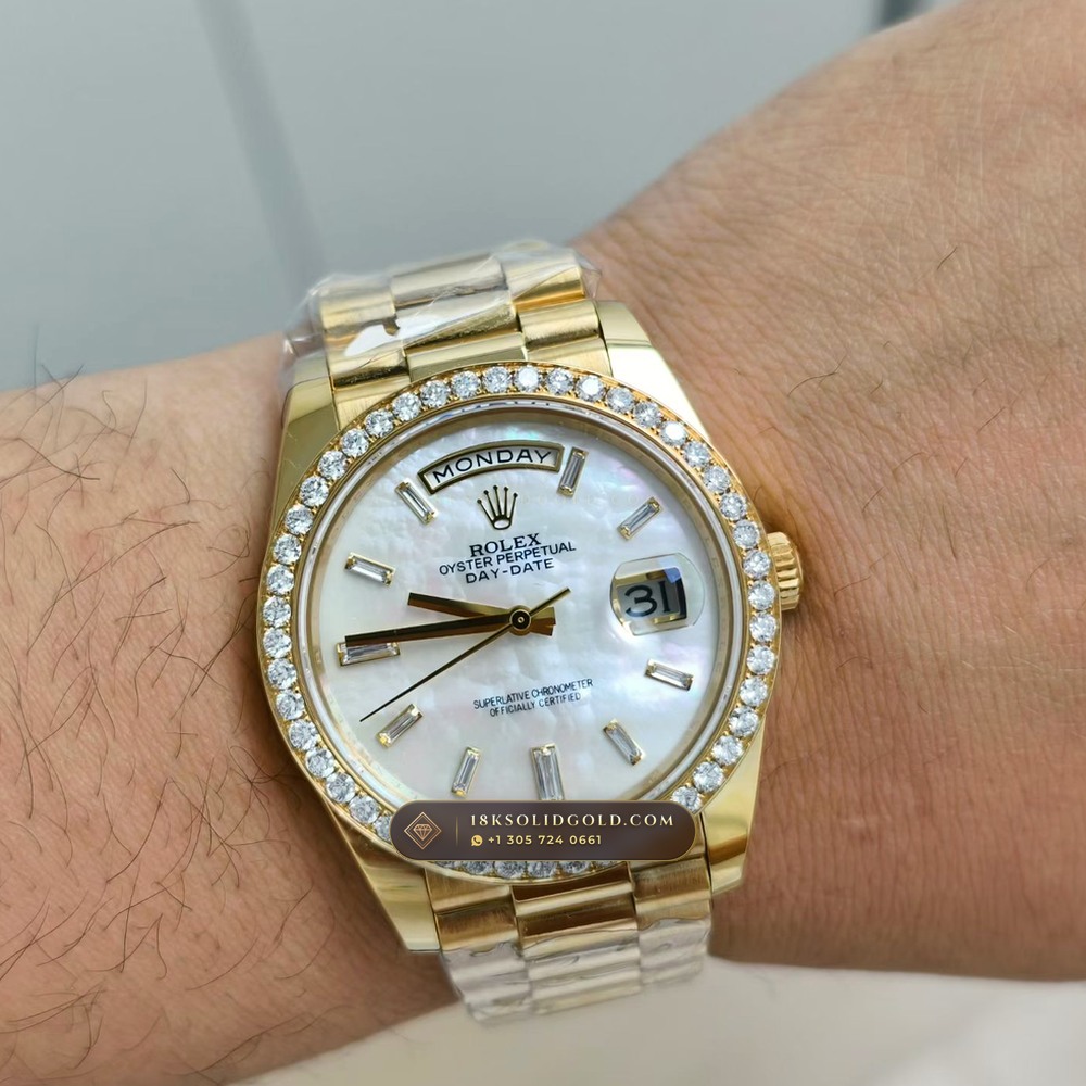 Rolex Day-Date 40 Iridescent Natural Mother-of-Pearl Dial Diamond-Set Bezel 18K Yellow Gold Reference 228348RBR — Hallmarked Edition — Studio Gallery Plate VIII in 18K Yellow Gold Au750 (210.3g Verified Mass, Rolex Manufacture Cal. 3255 - 70h Power Reserve)