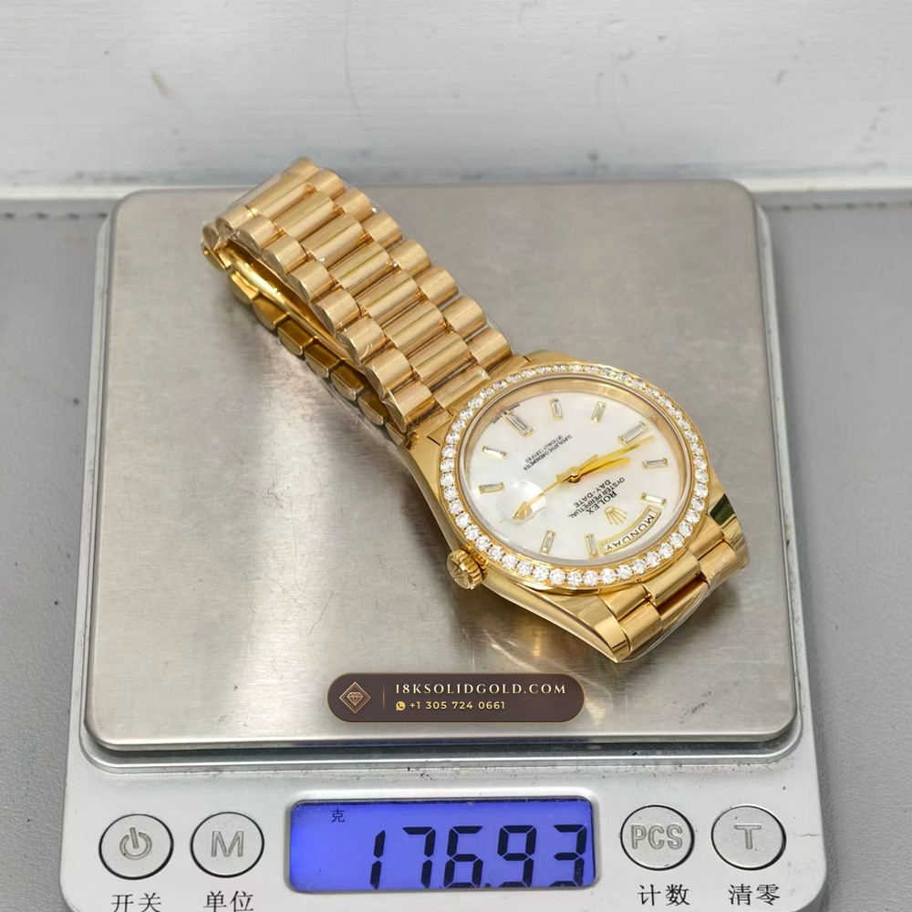 Rolex Day-Date 40 Iridescent Natural Mother-of-Pearl Dial Diamond-Set Bezel 18K Yellow Gold Reference 228348RBR — Hallmarked Edition — Studio Gallery Plate IX in 18K Yellow Gold Au750 (210.3g Verified Mass, Rolex Manufacture Cal. 3255 - 70h Power Reserve)