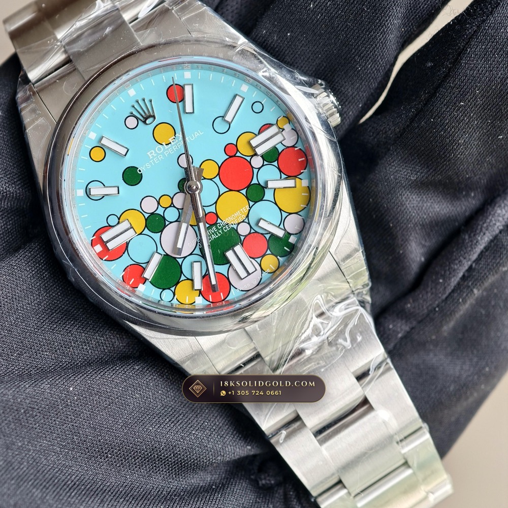 Rolex Oyster Perpetual 41 Celebration Turquoise Motif Dial Reference 124300 — Salon Edition angle 2