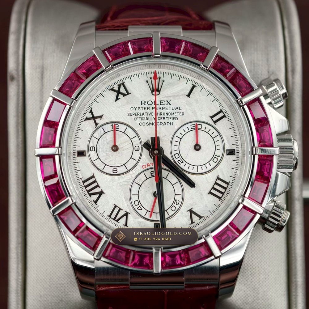 Rolex Cosmograph Daytona Off-Catalogue Baguette Ruby Bezel & Meteorite Dial 18K White Gold Reference 116589SALV — Hallmarked Edition angle 2