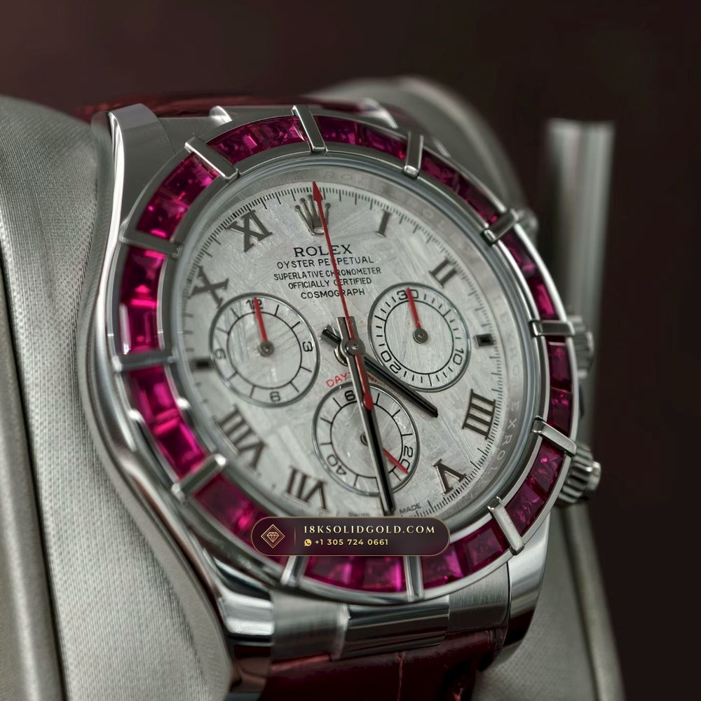 Rolex Cosmograph Daytona Off-Catalogue Baguette Ruby Bezel & Meteorite Dial 18K White Gold Reference 116589SALV — Hallmarked Edition angle 3