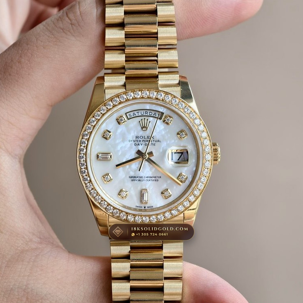 Rolex Day-Date 36 Mother-of-Pearl & Diamond Bezel 18K Yellow Gold Reference 128348RBR — Hallmarked Edition