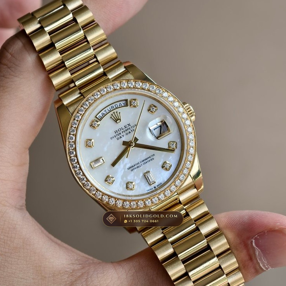 Rolex Day-Date 36 Mother-of-Pearl & Diamond Bezel 18K Yellow Gold Reference 128348RBR — Hallmarked Edition profile
