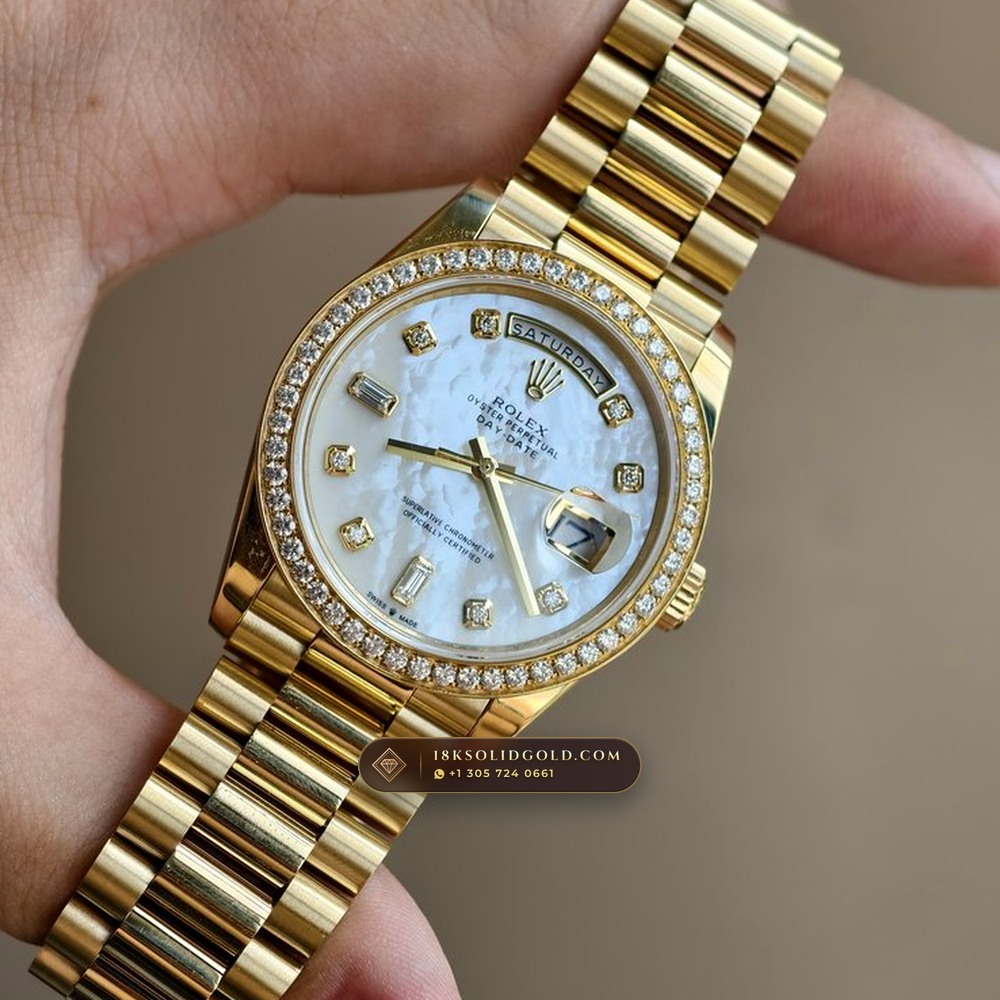 Rolex Day-Date 36 Mother-of-Pearl & Diamond Bezel 18K Yellow Gold Reference 128348RBR — Hallmarked Edition detail