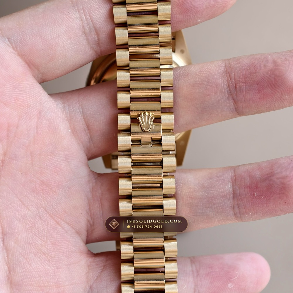 Rolex Day-Date 36 Mother-of-Pearl & Diamond Bezel 18K Yellow Gold Reference 128348RBR — Hallmarked Edition — Studio Gallery Plate IX in 18K Yellow Gold Au750 (183.2g Verified Mass, Rolex Manufacture Cal. 3255 - 70h Power Reserve)