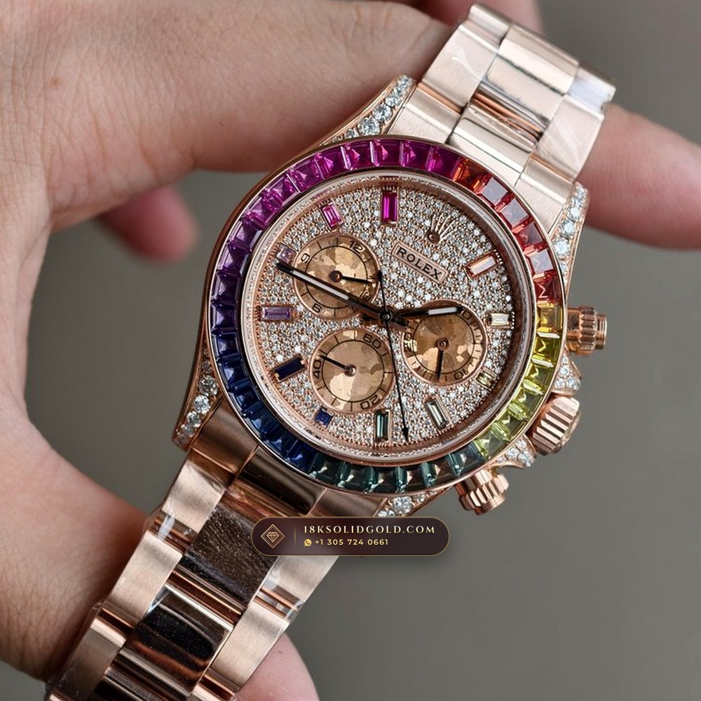 Rolex Cosmograph Daytona Rainbow Full Diamond Pave Dial 18K Everose Gold Reference 116595RBOW — Hallmarked Edition angle 3