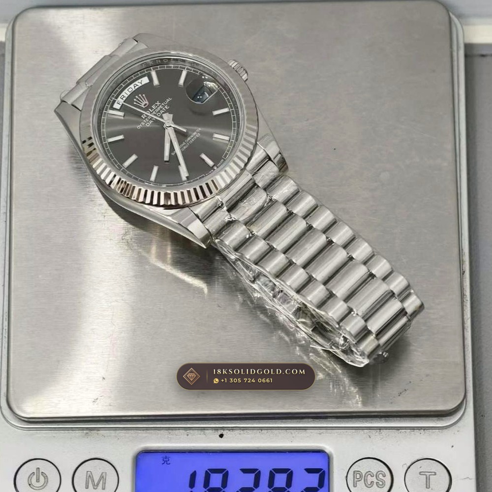 Rolex Day-Date 40 18K White Gold Reference 228239 — Hallmarked Edition — Studio Gallery Plate IX in 18K White Gold Au750 (210.7g Verified Mass, Rolex Manufacture Cal. 3255 - 70h Power Reserve)