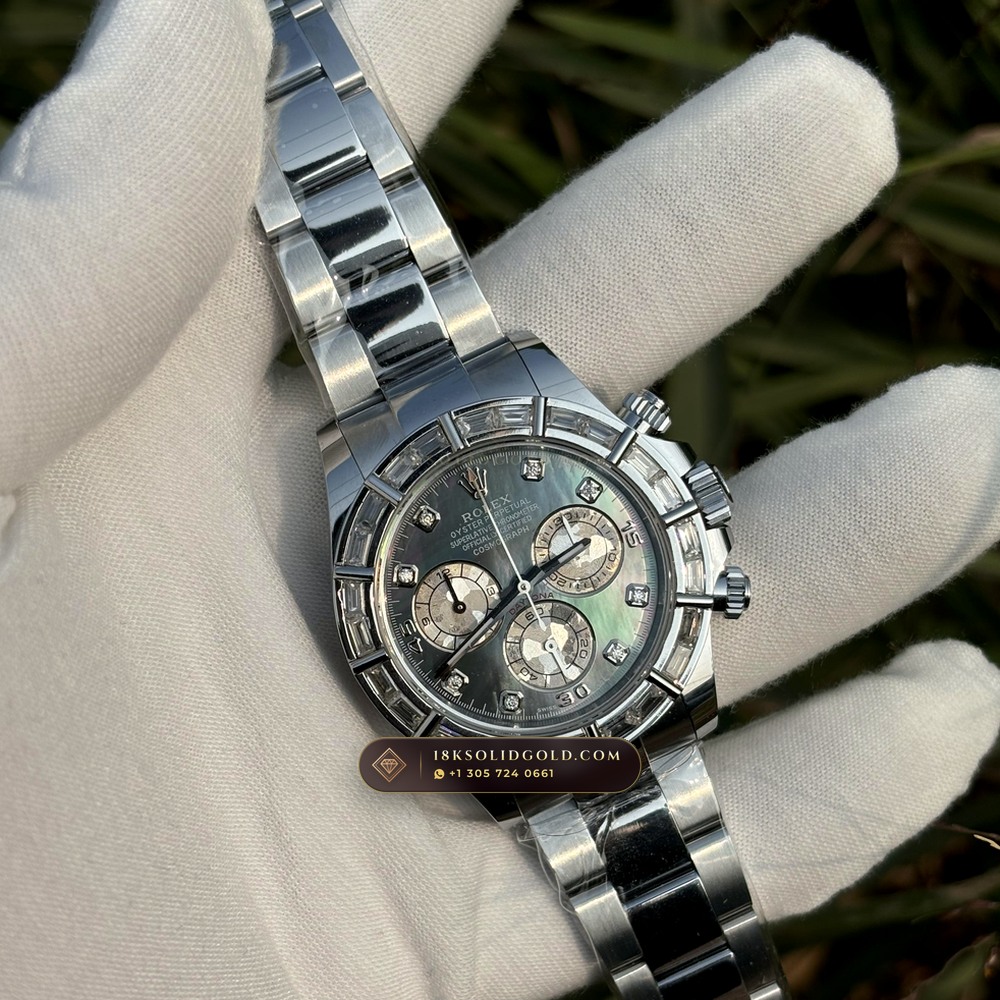 Rolex Cosmograph Daytona Iridescent Natural Mother-of-Pearl Dial Diamond-Set Bezel 18K White Gold Reference 126589RBR — Hallmarked Edition angle 2