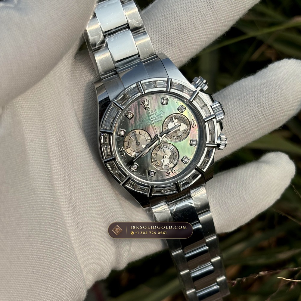 Rolex Cosmograph Daytona Iridescent Natural Mother-of-Pearl Dial Diamond-Set Bezel 18K White Gold Reference 126589RBR — Hallmarked Edition angle 3