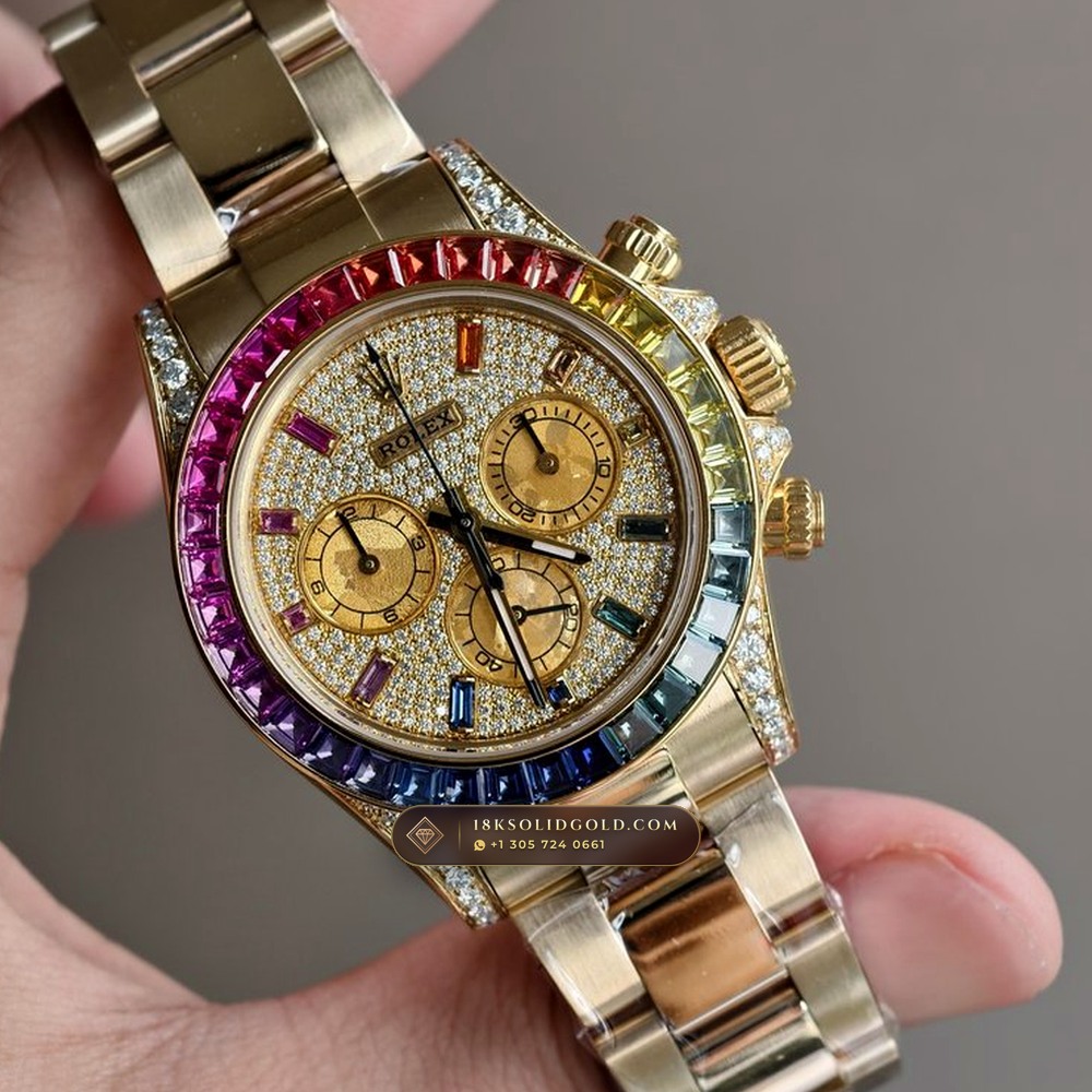 Rolex Cosmograph Daytona Rainbow 36 Graduated Sapphires & Pave Dial 18K Yellow Gold Reference 126598RBOW — Hallmarked Edition angle 2