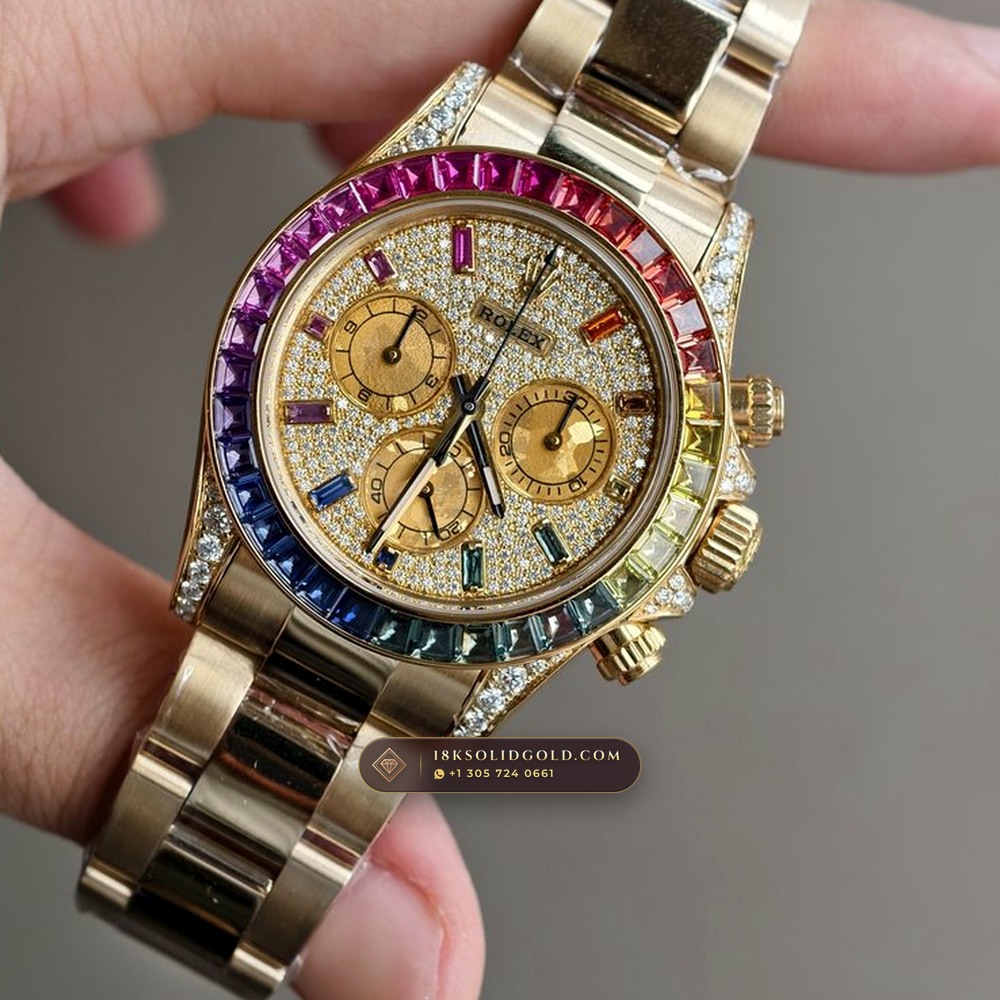 Rolex Cosmograph Daytona Rainbow 36 Graduated Sapphires & Pave Dial 18K Yellow Gold Reference 126598RBOW — Hallmarked Edition angle 3