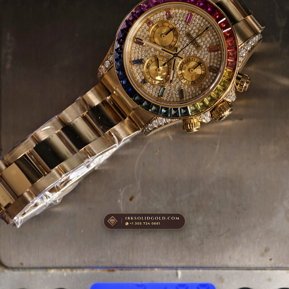 Rolex Cosmograph Daytona Rainbow 36 Graduated Sapphires & Pave Dial 18K Yellow Gold Reference 126598RBOW — Hallmarked Edition — Studio Gallery Plate IX in 18K Yellow Gold Au750 (216.5g Verified Mass, Rolex Manufacture Cal. 4131 - 72h Power Reserve)