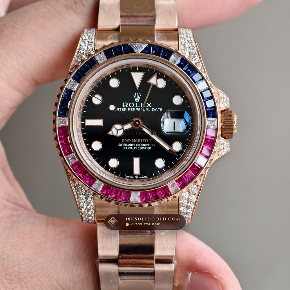 Rolex GMT-Master II Diamond-Set Bezel 18K Everose Gold Reference 126755SARU — Hallmarked Edition