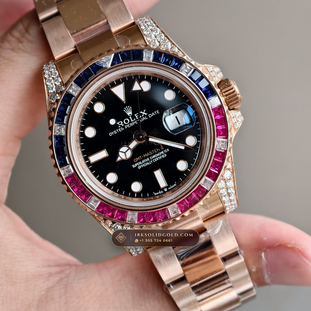 Rolex GMT-Master II Diamond-Set Bezel 18K Everose Gold Reference 126755SARU — Hallmarked Edition angle 2