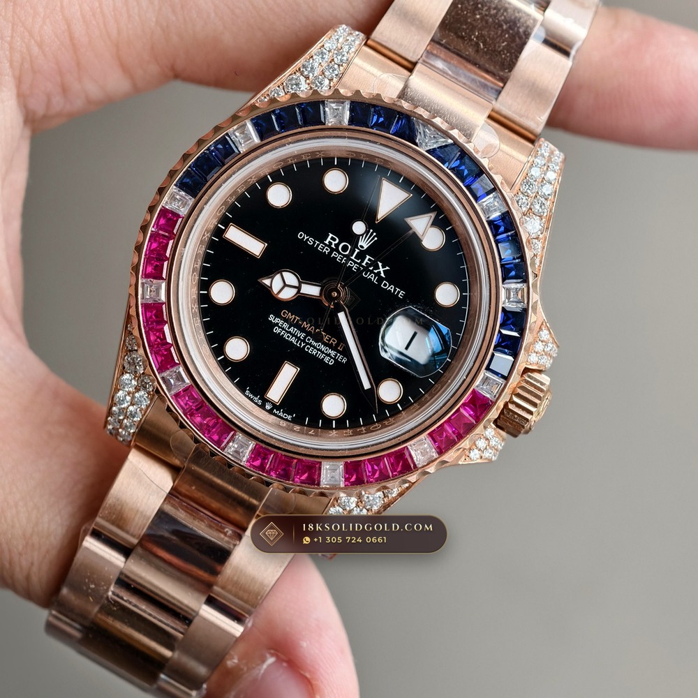 Rolex GMT-Master II Diamond-Set Bezel 18K Everose Gold Reference 126755SARU — Hallmarked Edition angle 3