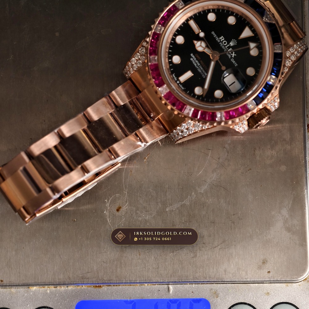 Rolex GMT-Master II Diamond-Set Bezel 18K Everose Gold Reference 126755SARU — Hallmarked Edition — Studio Gallery Plate IX in 18K Rose Gold Au750 (225.3g Verified Mass, Rolex Manufacture Cal. 3285 - 70h Power Reserve)