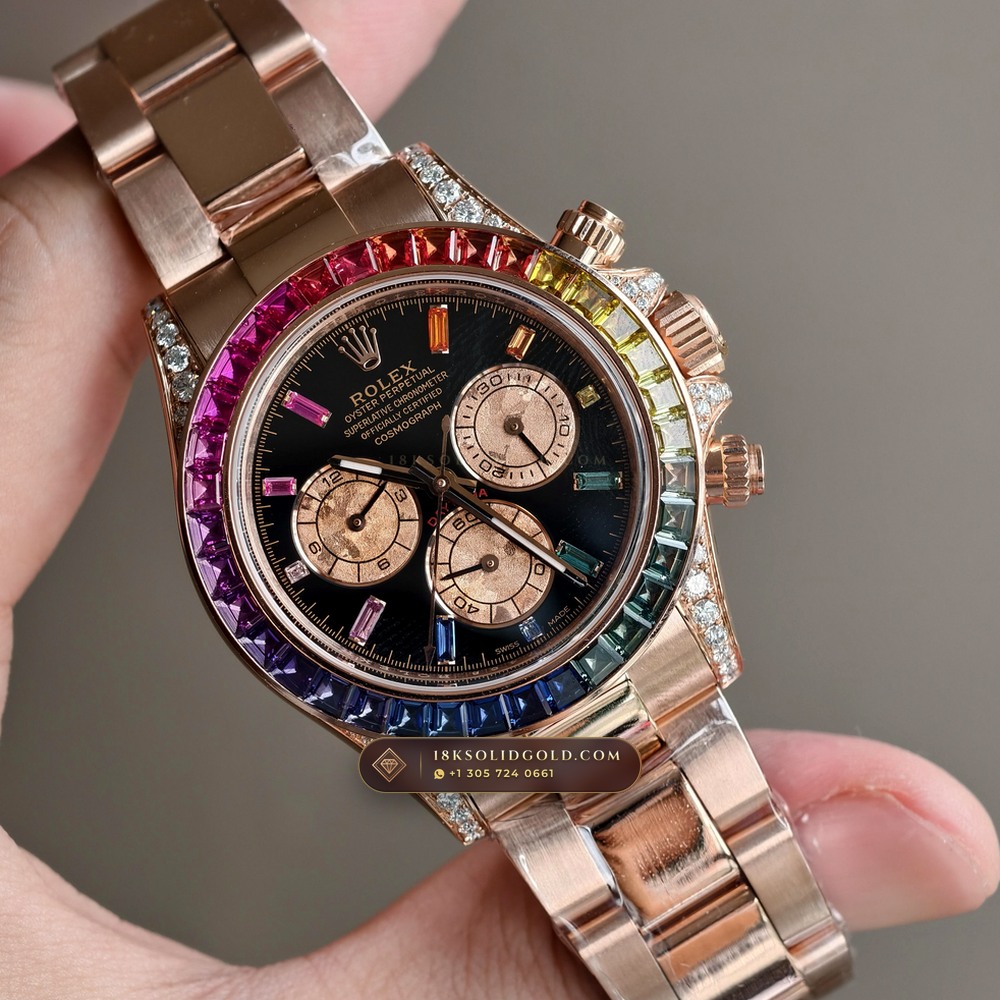 Rolex Cosmograph Daytona Rainbow Sapphire Bezel 18K Everose Gold Reference 116595RBOW — Hallmarked Edition angle 2