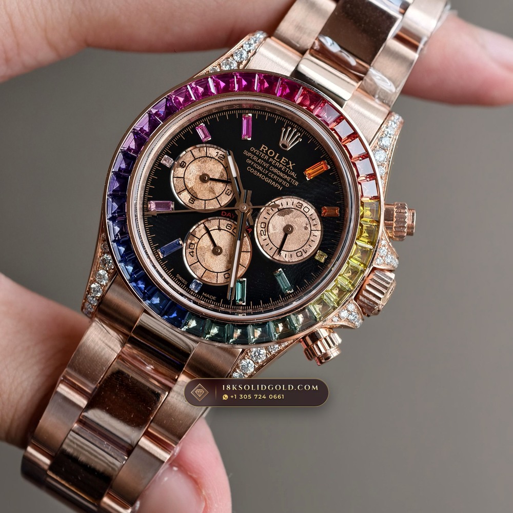 Rolex Cosmograph Daytona Rainbow Sapphire Bezel 18K Everose Gold Reference 116595RBOW — Hallmarked Edition angle 3