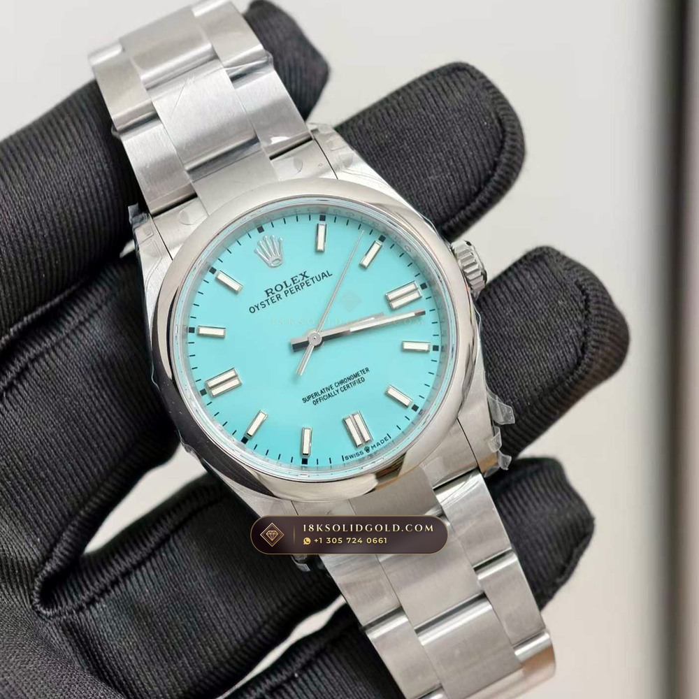 Rolex Oyster Perpetual 36 Tiffany Turquoise Lacquer Dial Reference 126000 — Salon Edition angle 2