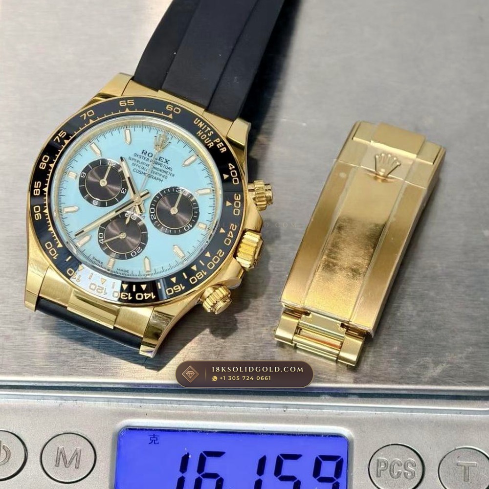 Rolex Cosmograph Daytona Tiffany Blue Dial 18K Yellow Gold Reference 126518LN — Hallmarked Edition — Studio Gallery Plate IX in 18K Yellow Gold Au750 (160.5g Verified Mass, Rolex Manufacture Cal. 4131 - 72h Power Reserve)