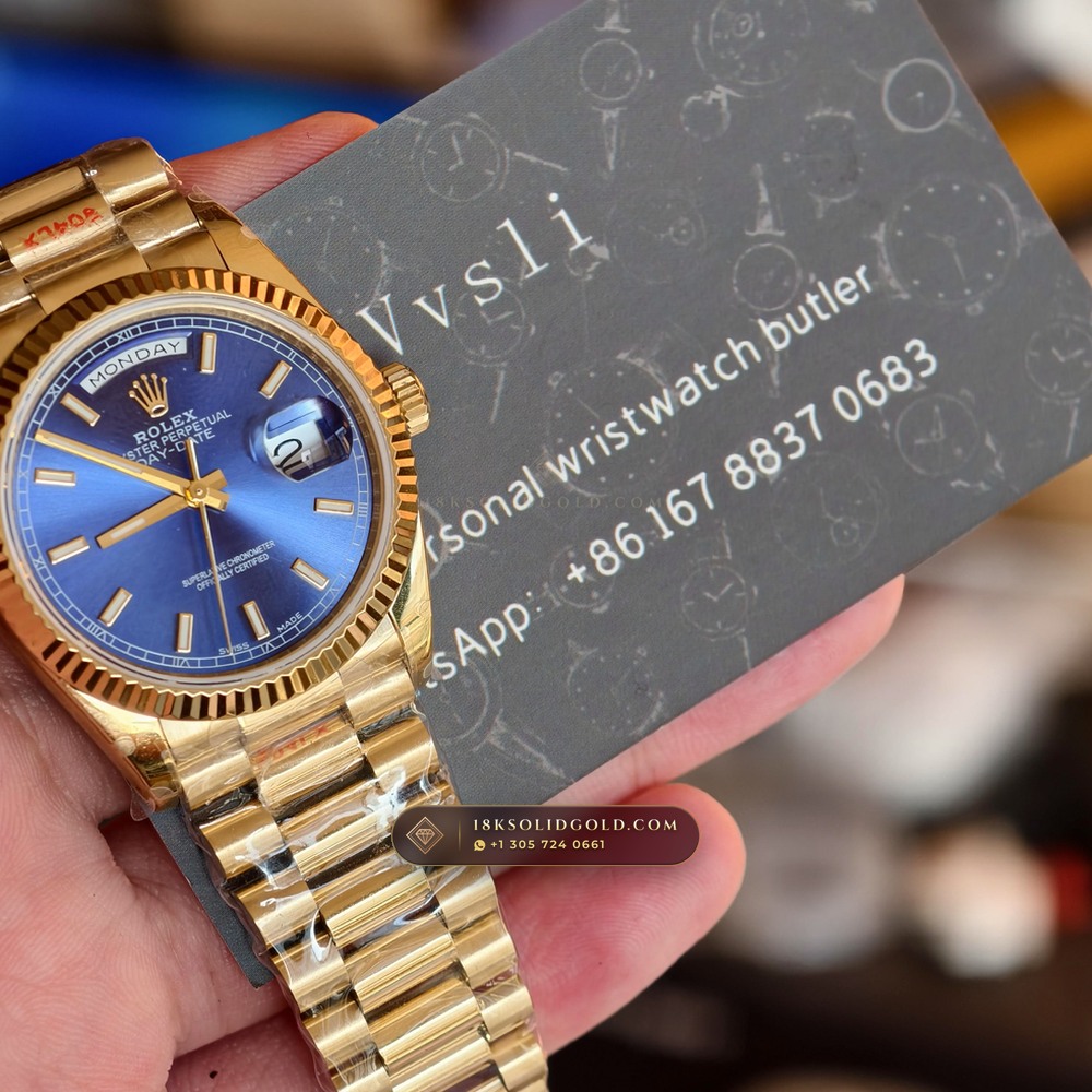 Rolex Day-Date 36 Graduated Royal Blue Sunburst Dial 18K Yellow Gold Reference 118238 — Hallmarked Edition — Studio Gallery Plate VIII in 18K Yellow Gold Au750 (141.3g Verified Mass, Rolex Manufacture Cal. 3155)